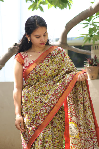 Mustard Hand Block Printed Kalamkari Nizam Border Silk Sare