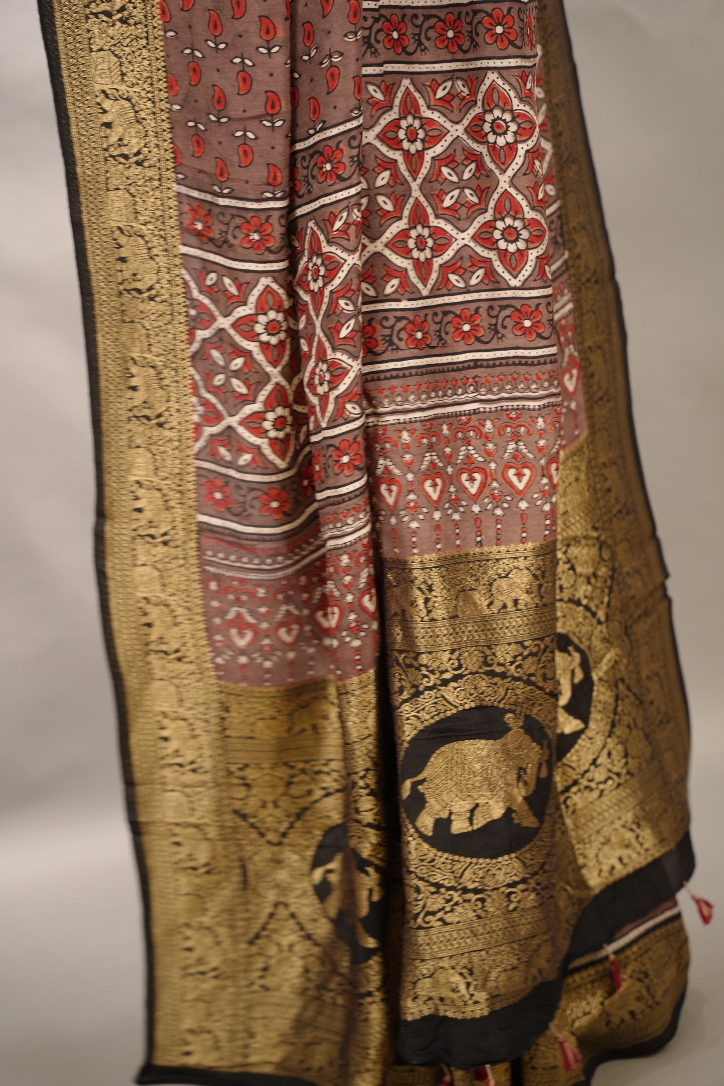 Ajrakh Handblock printed Dola Silk Saree | Looms & Tassels
