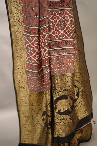 Ajrakh Handblock printed Dola Silk Saree | Looms & Tassels