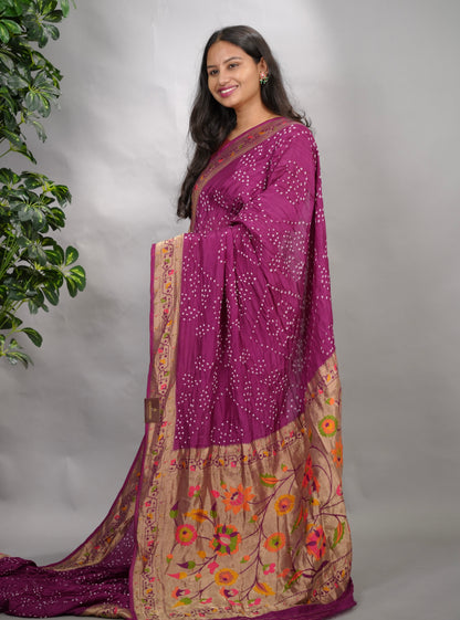 Magenta Handcrafted Pattern Bandhani Paithani Dola Silk Saree | Looms & Tassels