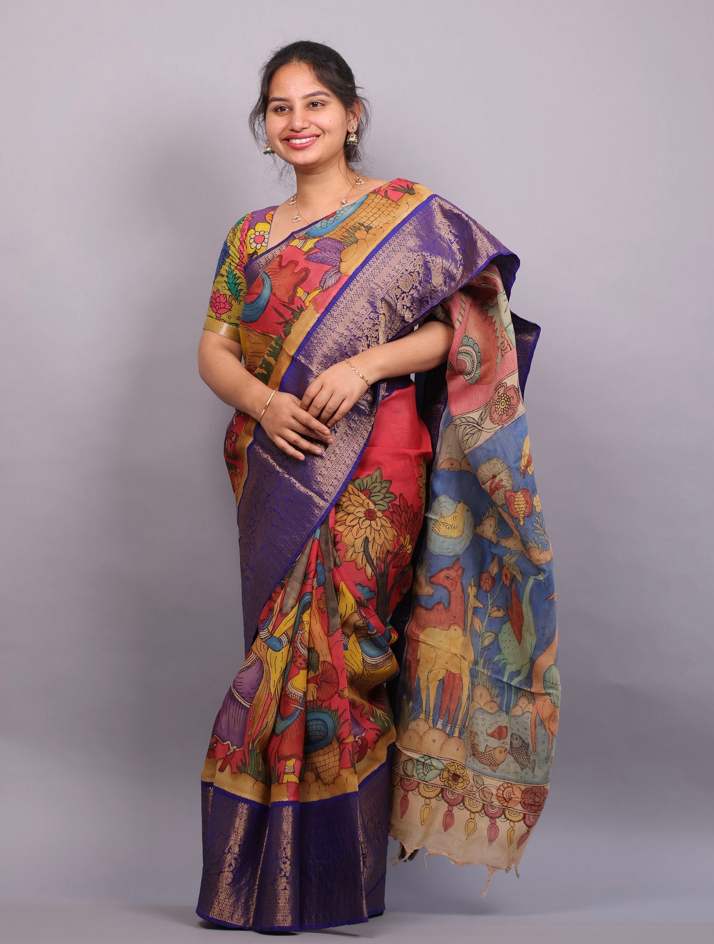 Pink Hand Painted Pen Kalamkari Silk Saree