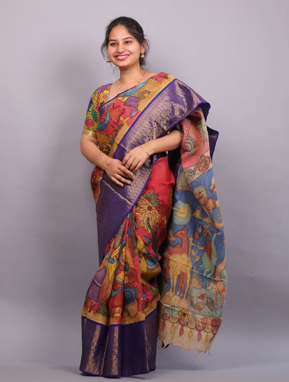 Pink Hand Painted Pen Kalamkari Silk Saree