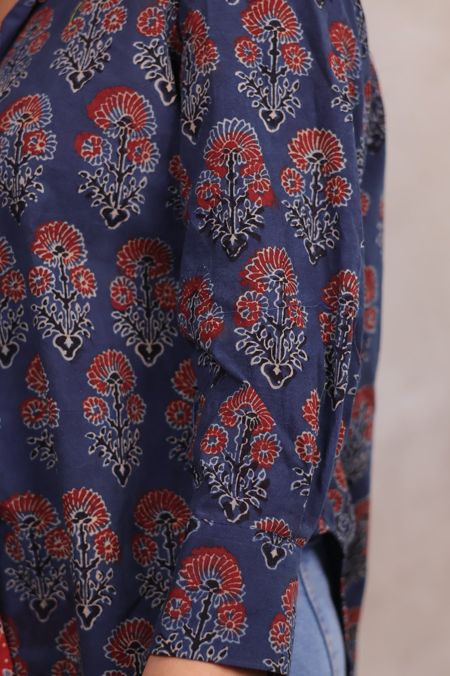 Indigo Ajrakh Handblock Printed Patch Work Shirt (Pure Cotton ) | Looms & Tassels