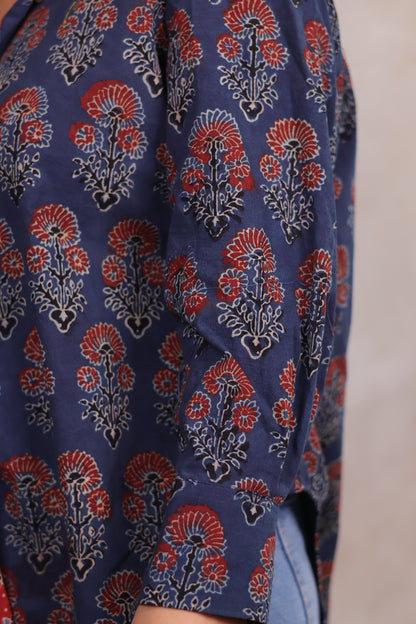 Indigo Ajrakh Handblock Printed Patch Work Shirt (Pure Cotton ) | Looms & Tassels