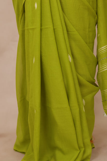 Parrot Green Malai Cotton Saree with Butta Weaving | Looms & Tassels