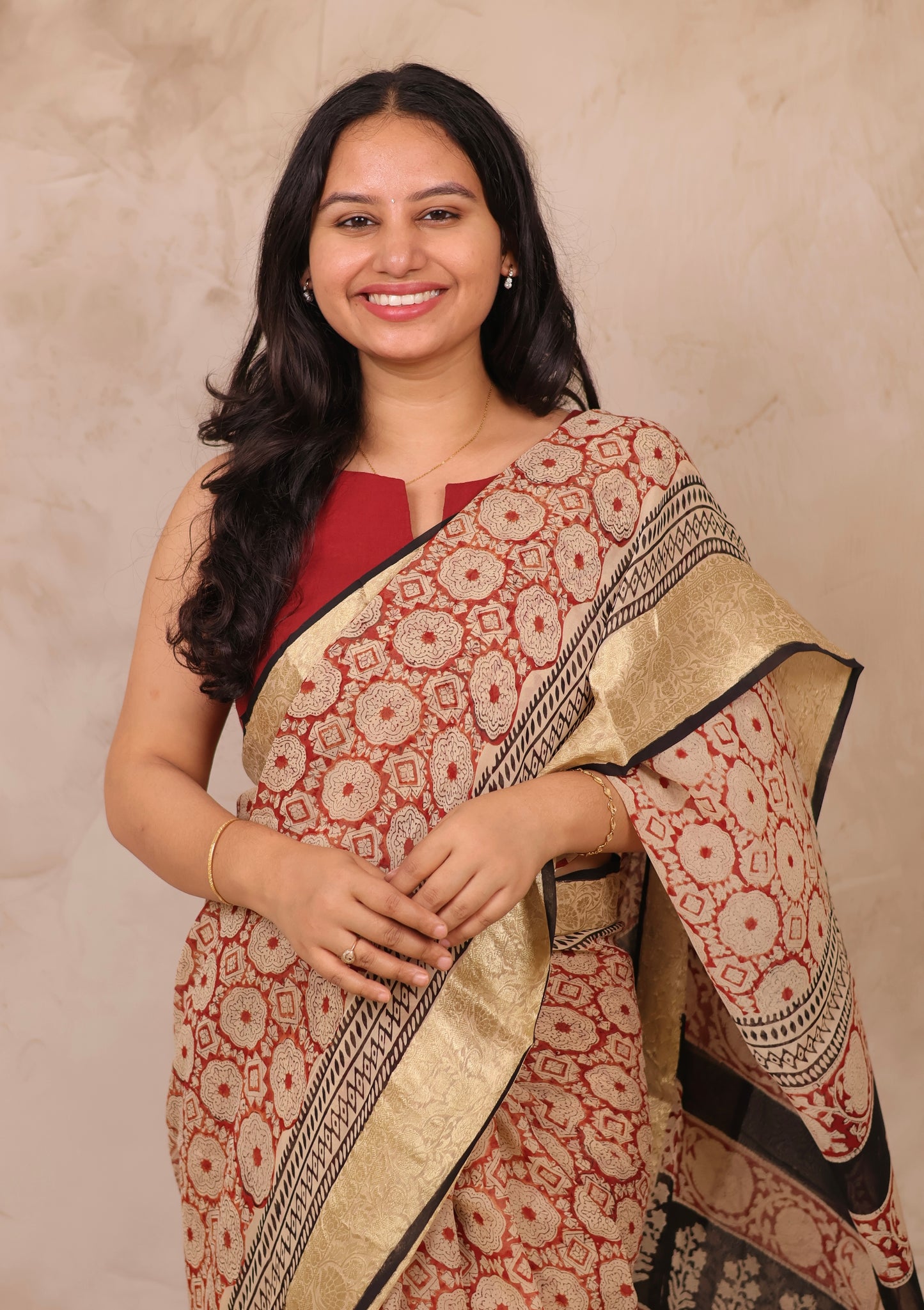 Maroon Chiffon Hand Block Printed Saree with Jari Border | Looms & Tassels