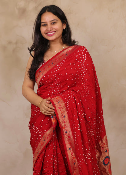 Red Handcrafted Pattern Bandhani Paithani Dola Silk Saree | Looms & Tassels