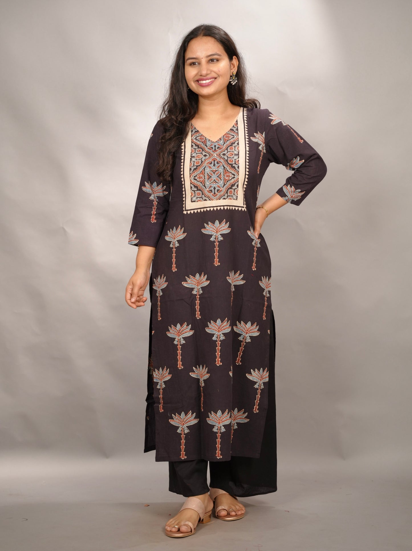 Black Ajrakh Pattern Hand Block printed Kurti | Looms & Tassels