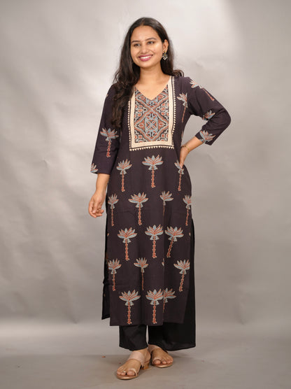 Black Ajrakh Pattern Hand Block printed Kurti | Looms & Tassels