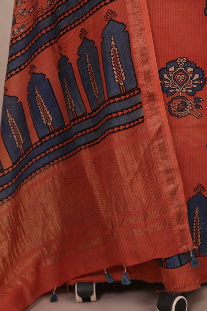 Maheswari Silk Cotton Ajrakh Handblock Printed 2 Piece Suit Set | Looms & Tassels
