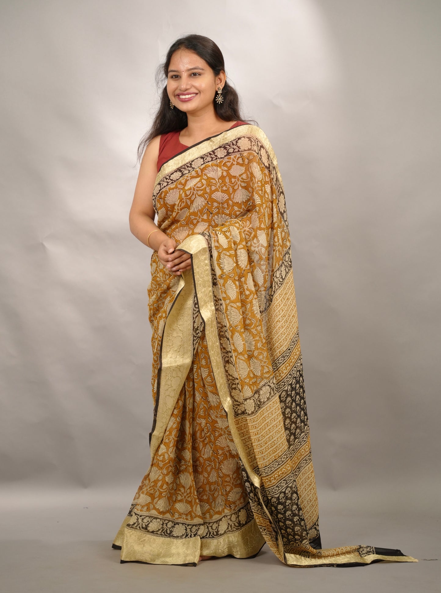 Mustard Chiffon Hand Block Printed Saree with Jari Border | Looms & Tassels