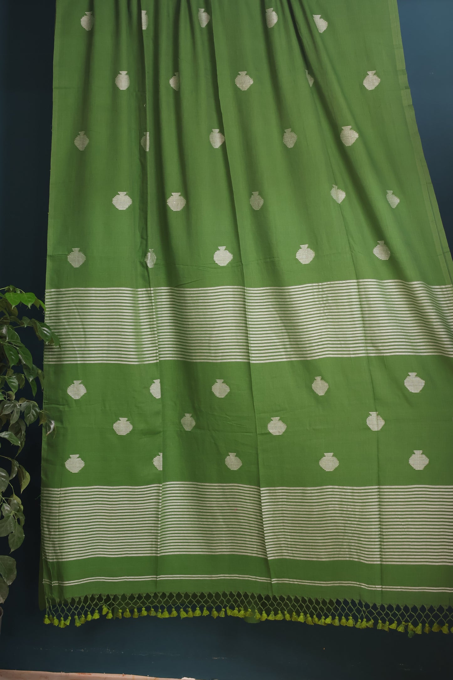 Olive Green Pure Handwoven Malai Cotton Saree with Butta Weaving