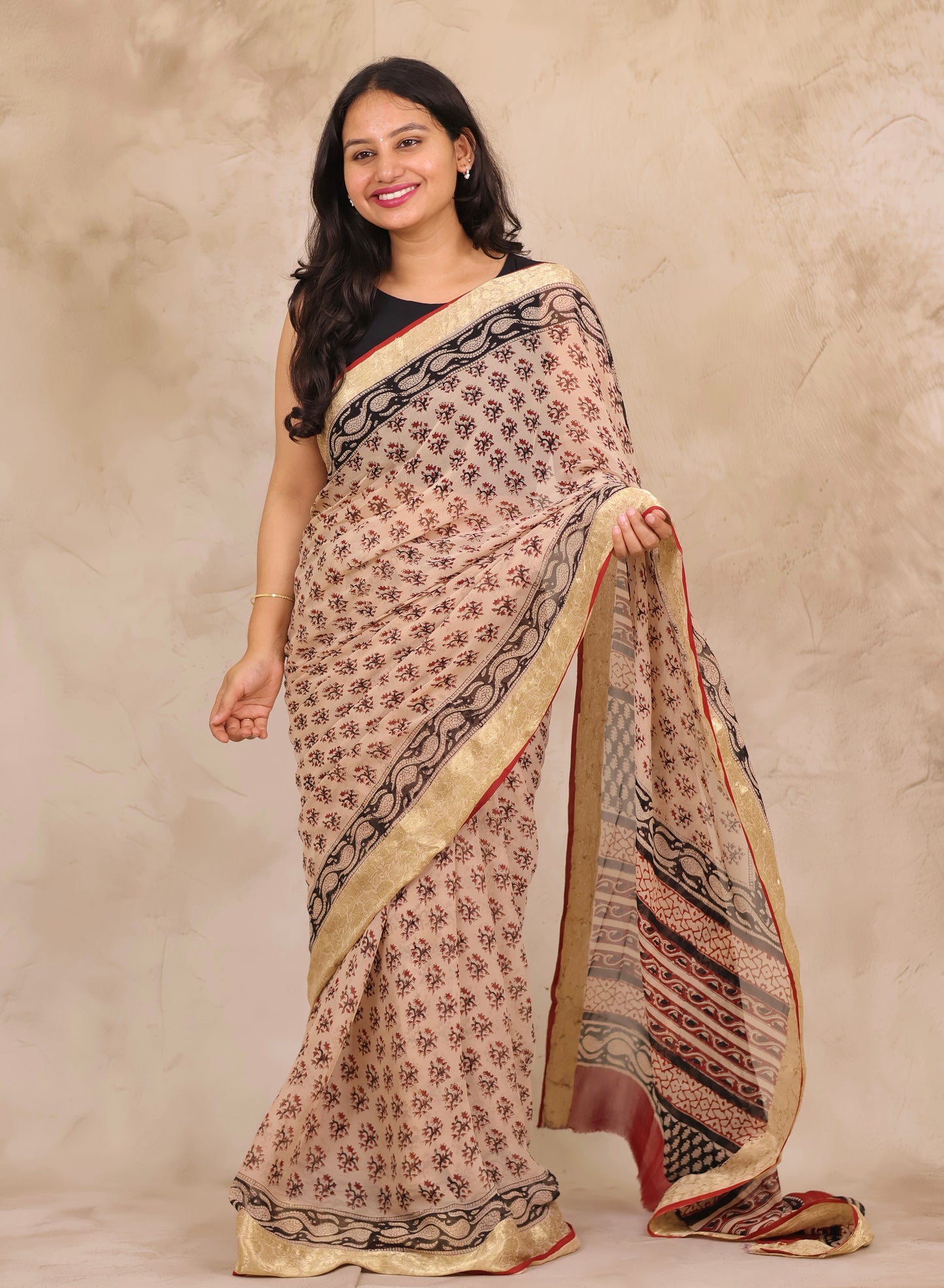 Cream Chiffon Hand Block Printed Saree with Jari Border | Looms & Tassels