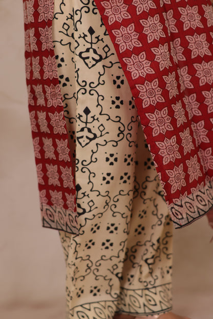 Maroon Handblock printed kota 3 piece suit (stitched)