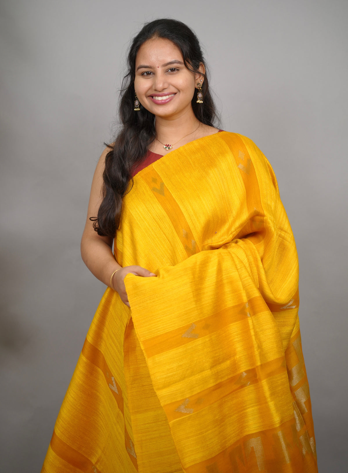 Yellow Handloom Jamdhani Pure Matka Silk Saree with Muslin Silk Pallu