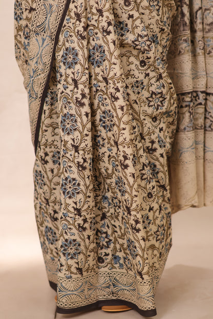 Cream Hand Block Printed Kalamkari Cotton Saree | Looms & Tassels