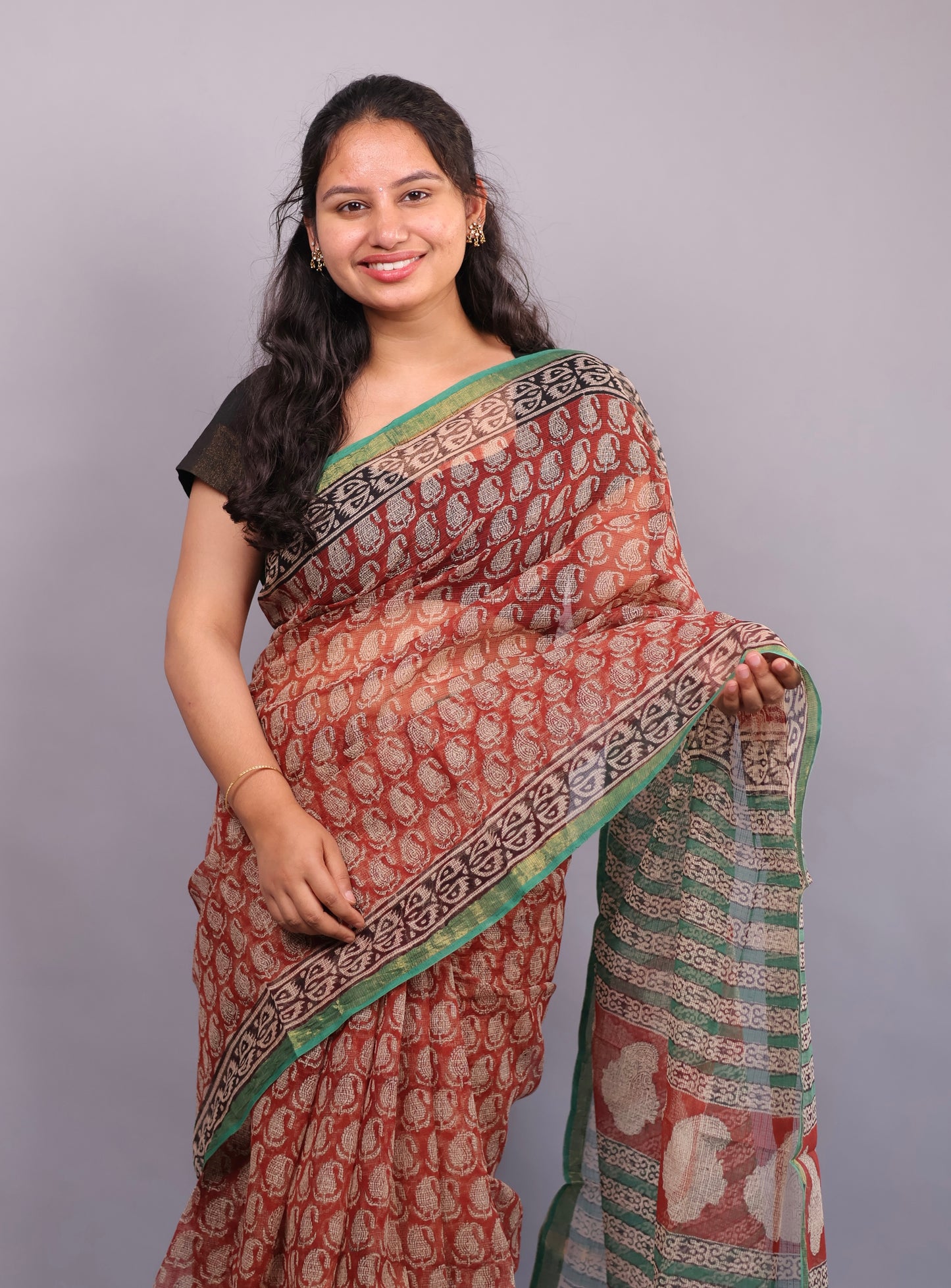 Pure Kota Doria Saree with Bagru Handblock Prints – Red | Looms&Tassels