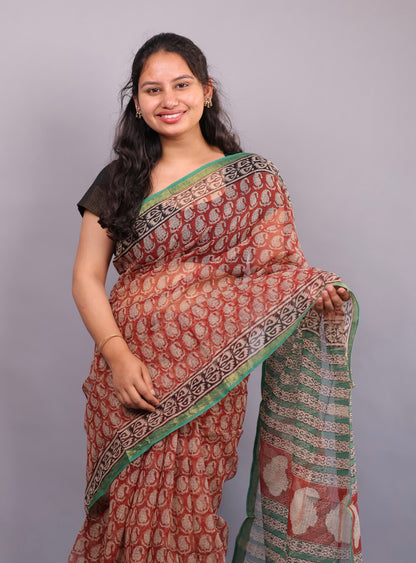 Pure Kota Doria Saree with Bagru Handblock Prints – Red | Looms&Tassels