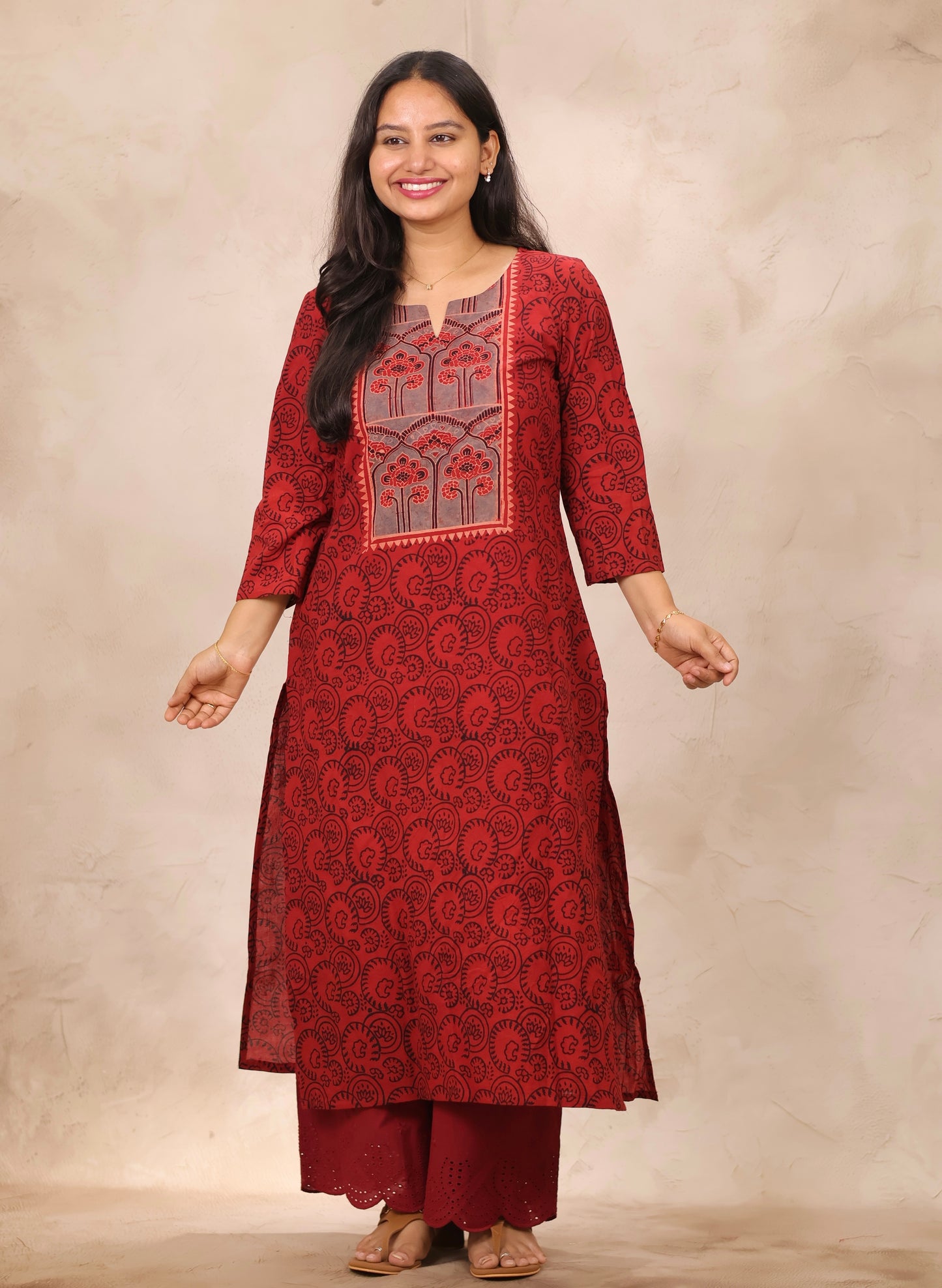 Red & Black Ajrakh Pattern Hand Block Cotton printed Kurti | Looms & Tassels