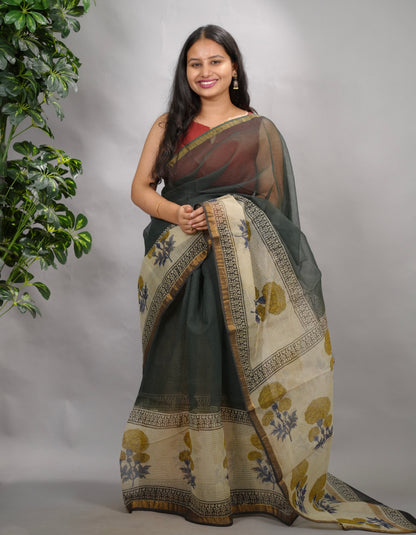 Green Pure Kota Doria Saree with Bagru Handblock Prints