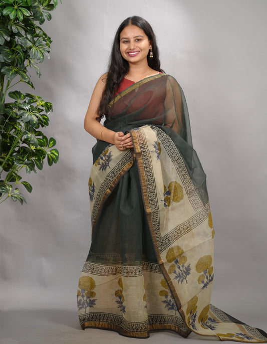 Green Pure Kota Doria Saree with Bagru Handblock Prints