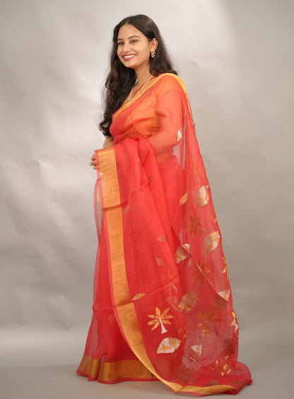 Orange Handloom Muslin Silk Saree With jamdhani weaving | Looms & Tassels