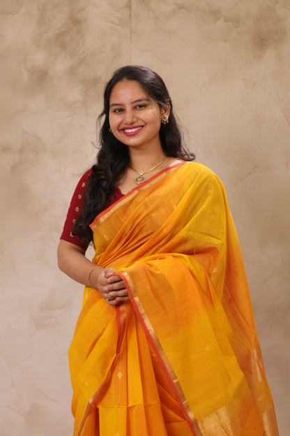 Yellow Dual Tone Handloom Maheswari Silk Cotton Sarees | Looms & Tassels