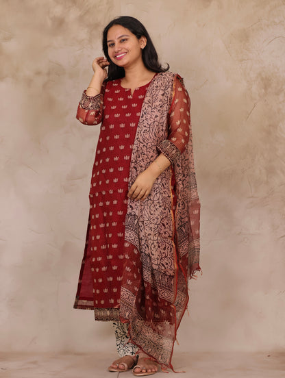Deep Maroon Handblock printed kota 3 piece suit (stitched)