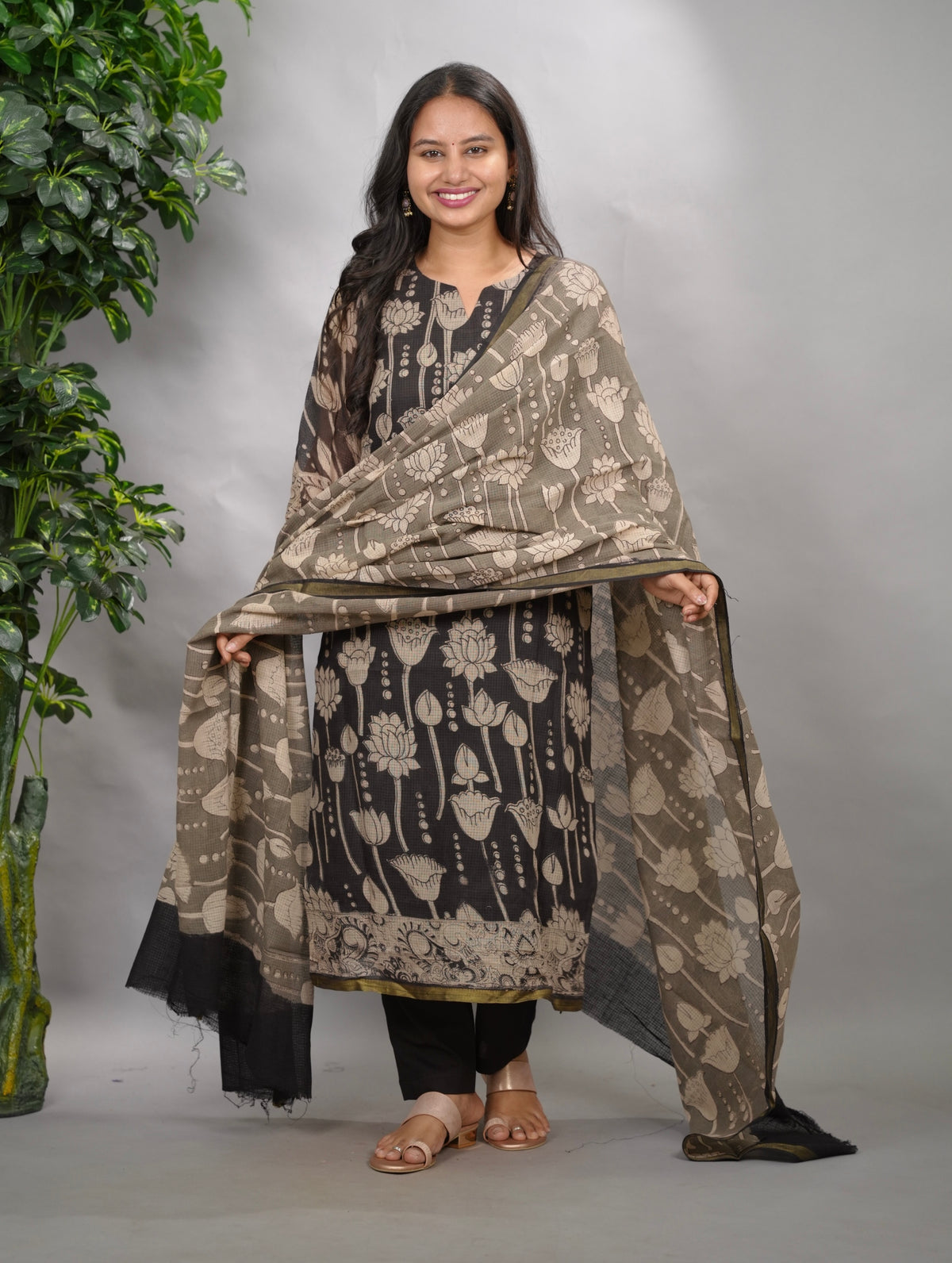 Black Kalamkari Kota Cotton 3 piece suit (stitched) | Looms & Tassels