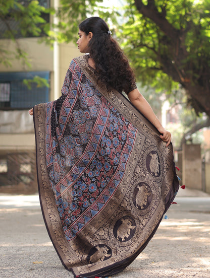Ajrakh Dola Silk Saree