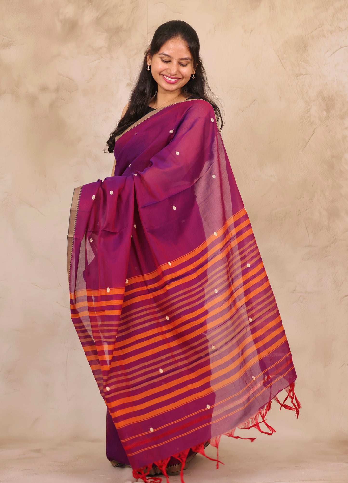 Purple Narayanpet Cotton Saree With Butta Weaving | Looms & Tassels