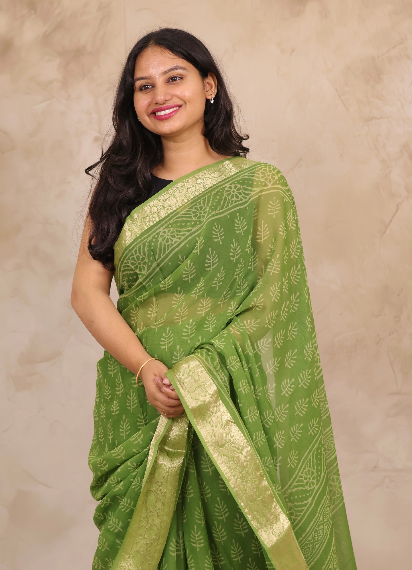 Green Chiffon Hand Block Printed Saree with Jari Border | Looms & Tassels