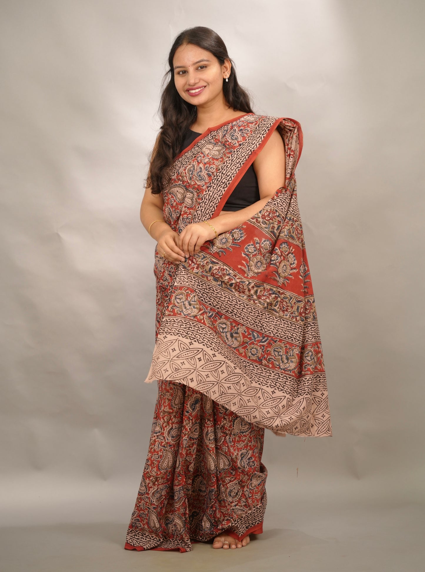 Red Hand Block Printed Kalamkari Cotton Saree | Looms & Tassels