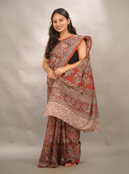 Red Hand Block Printed Kalamkari Cotton Saree | Looms & Tassels