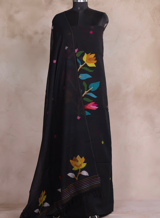 Black Handwoven Jamdhani weaving pure Malai cotton 2 piece suit sets | Looms & Tassels