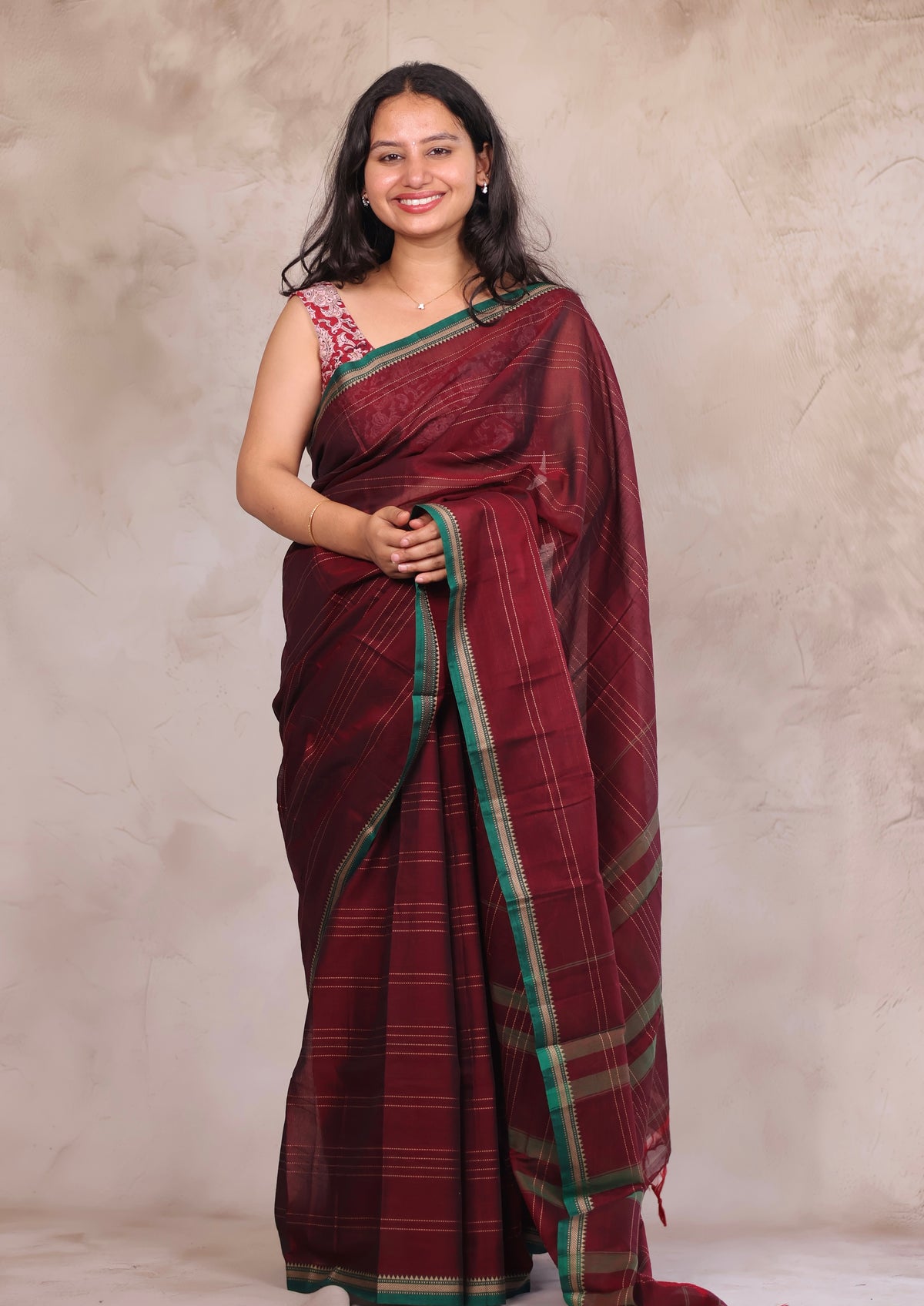 Maroon Narayanpet Cotton Saree lines weaving Saree | Looms & Tassels