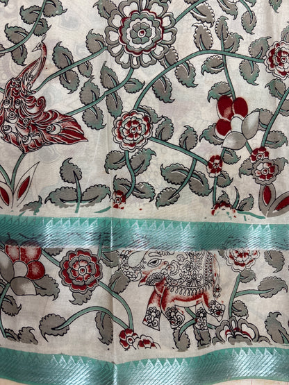 Sea Green Checks Kalamkari dyeing premium chennur silk saree