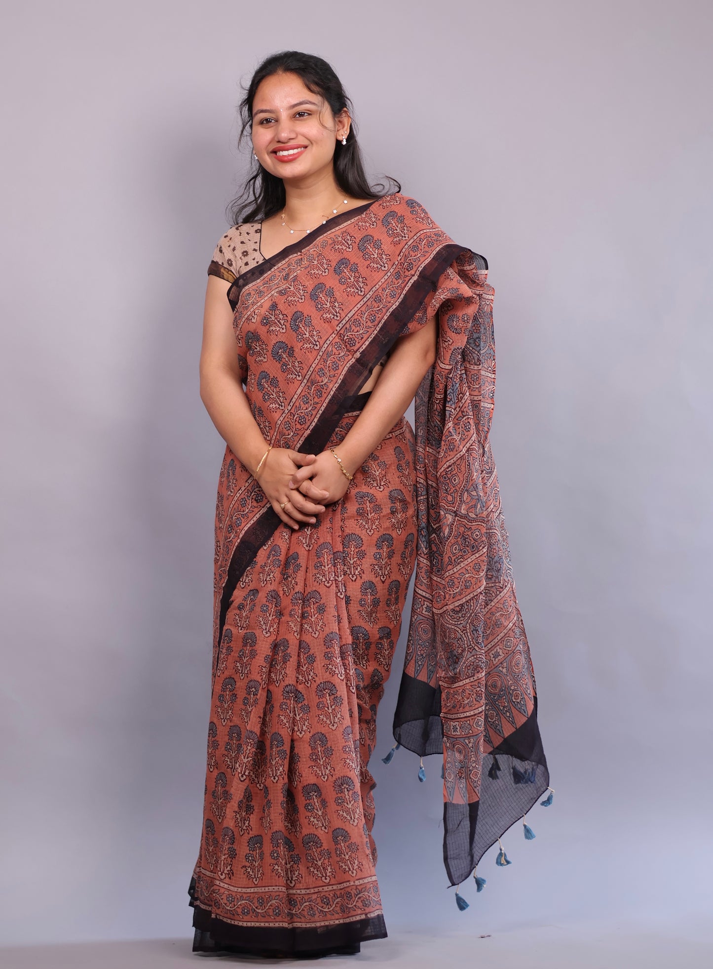 Rust Orange Ajrakh Hand Block Printed Kota Doria Saree | Looms & Tassels