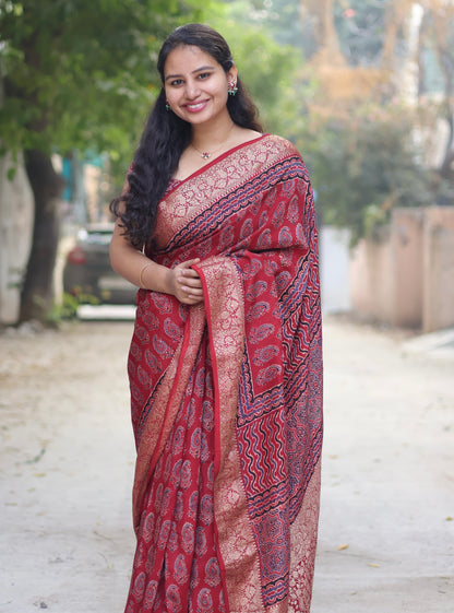 Maroon Butta Ajrakh Handblock Printed Dola Silk Saree
