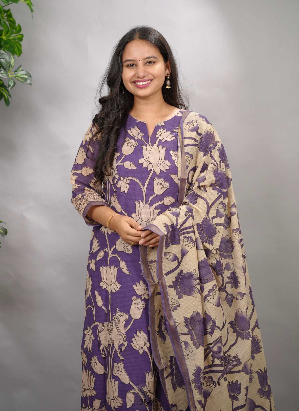 Purple Kalamkari Kota Cotton 3 piece suit (stitched) | Looms & Tassels