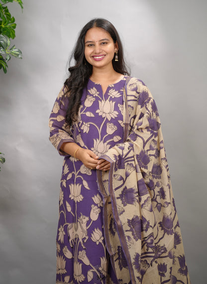 Purple Kalamkari Kota Cotton 3 piece suit (stitched) | Looms & Tassels