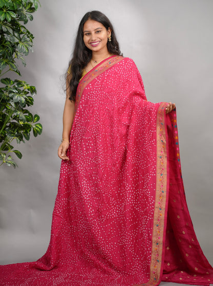 Pink Handcrafted  Pattern Bandhani Paithani Dola Silk Saree | Looms & Tassels