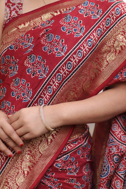 Red Floral Motifs Ajrakh Handblock Printed Dola Silk Saree
