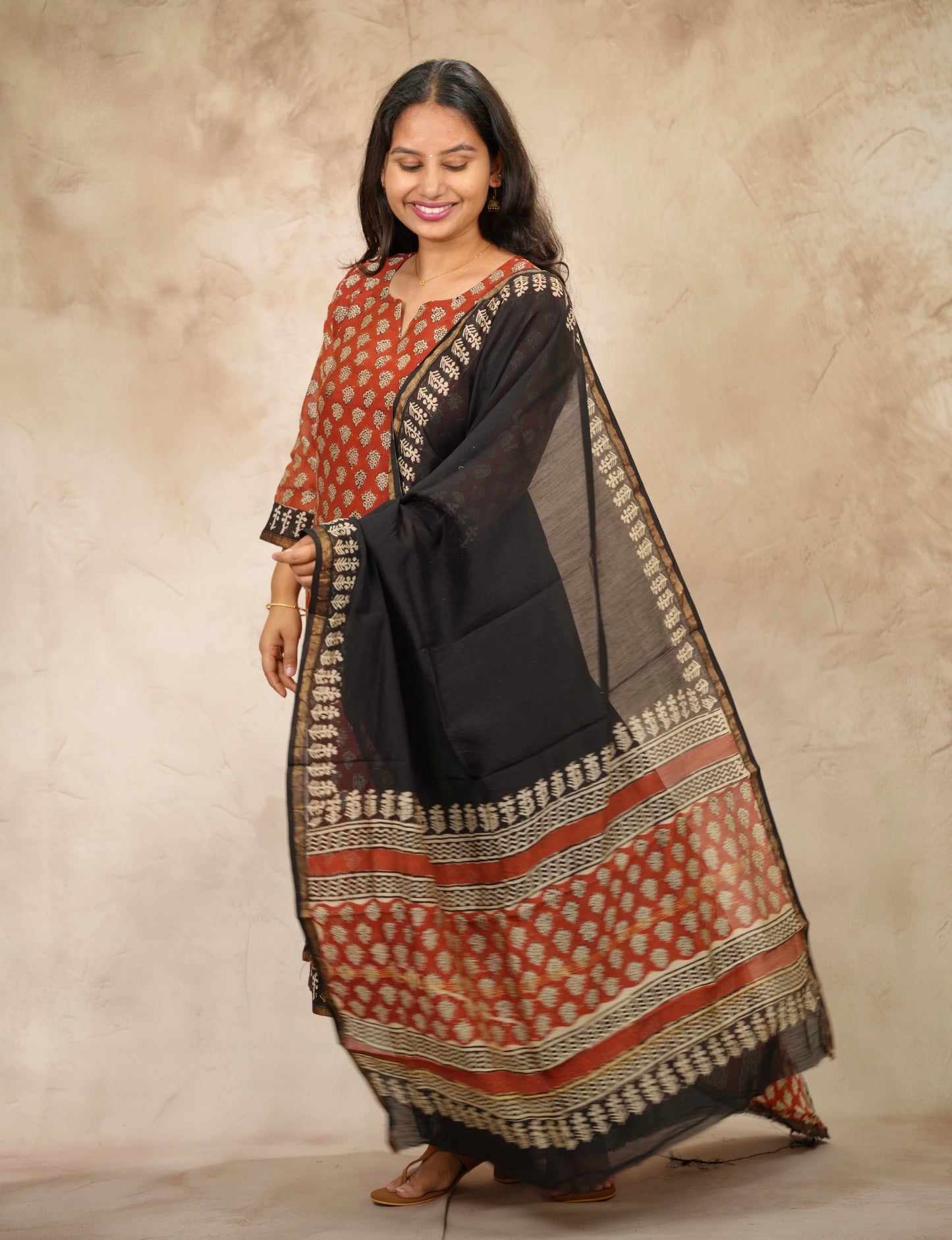 Maroon Handblock printed Pure Chenderi Silk 3 piece suit (stitched) | Looms & Tassels