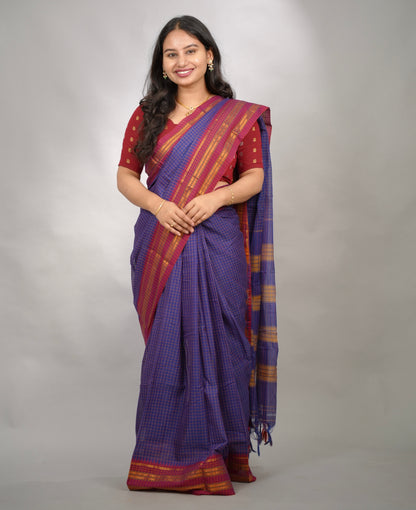 Blue Checks Narayanpet Cotton Saree with Traditional contrast Border | Looms & Tassels