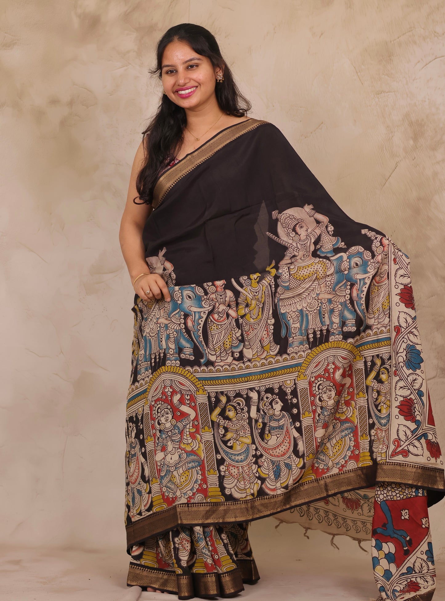 Black Story Telling Kalamkari Nizam Border Chennur Silk Saree | Looms & Tassels