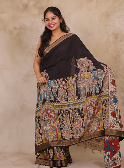 Black Story Telling Kalamkari Nizam Border Chennur Silk Saree | Looms & Tassels