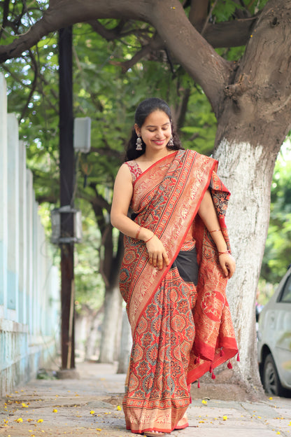 Black & Red Ajrakh Dola Silk Saree