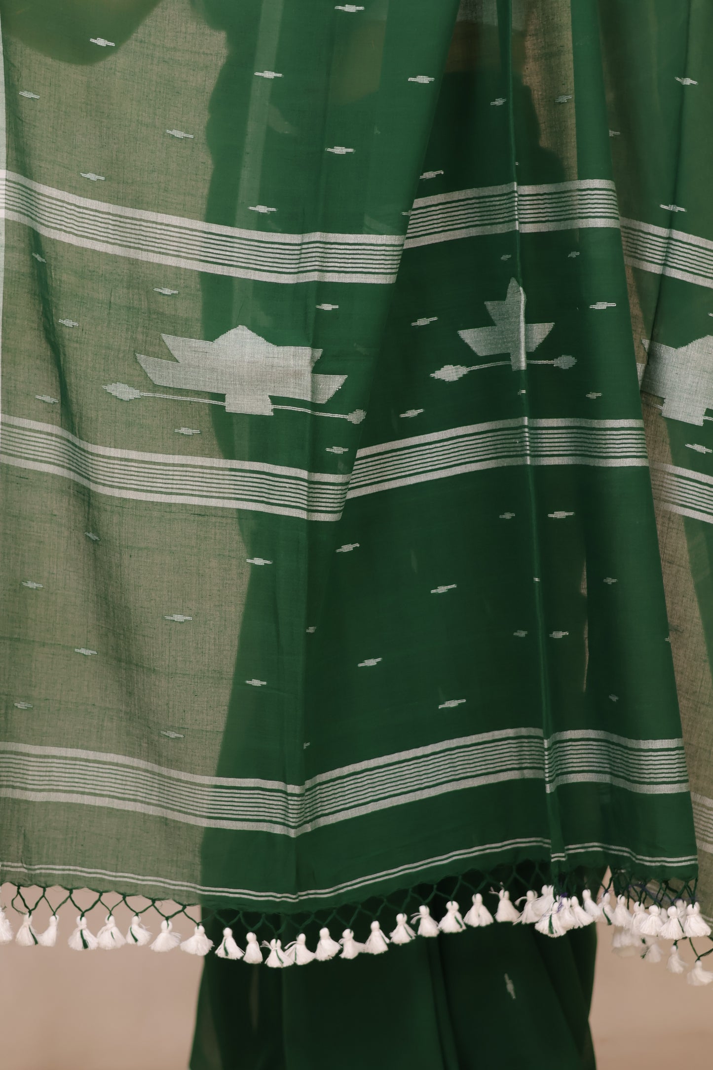 Bottle Green Malai Cotton Saree with Butta Weaving | Looms & Tassels