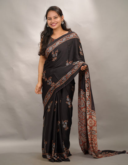 Black Authentic Ajrakh Handblock Printed Modal Silk Saree | Looms & Tassels